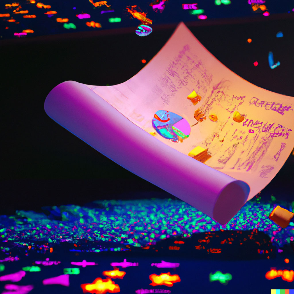 DALL·E prompt: a spreadsheet covered with colorful spreadsheet data being rolled up and floating in space and glowing math symbols floating nearby, dramatic lighting, digital art